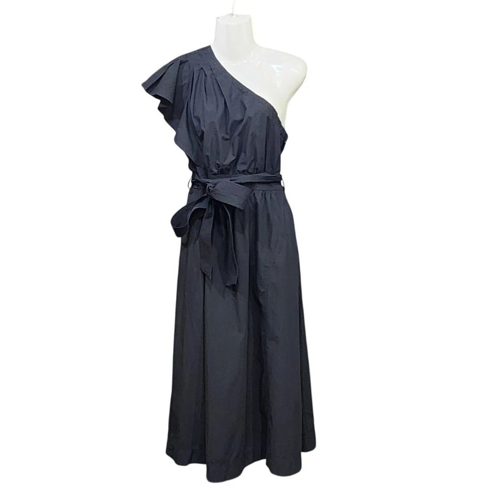 Madewell Ruffled One Shoulder Midi Dress 24W Black‎ Belted Cotton Pockets Plus